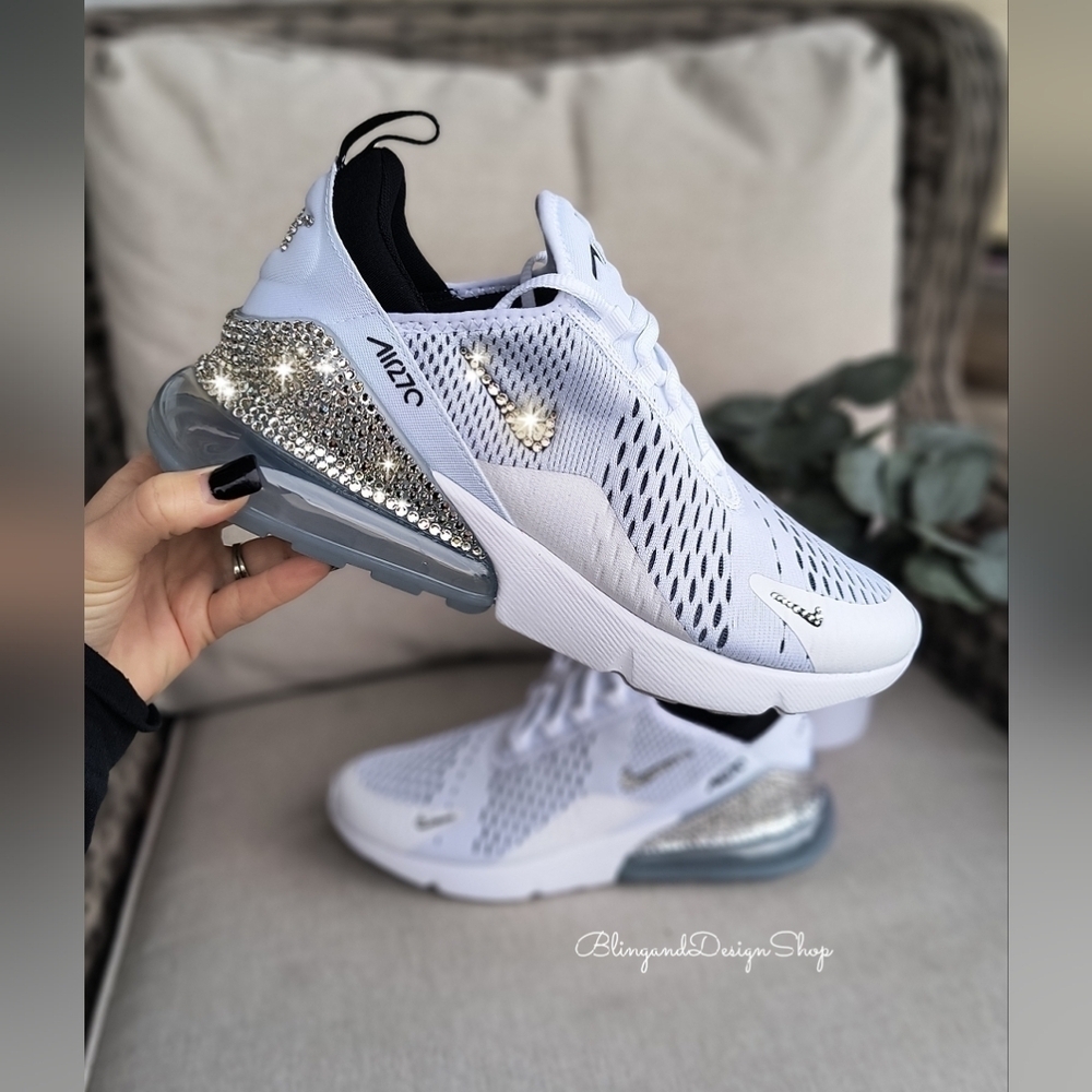Women's Nike Air Max 270 White Shoes made with Swarovski Crystals Custom